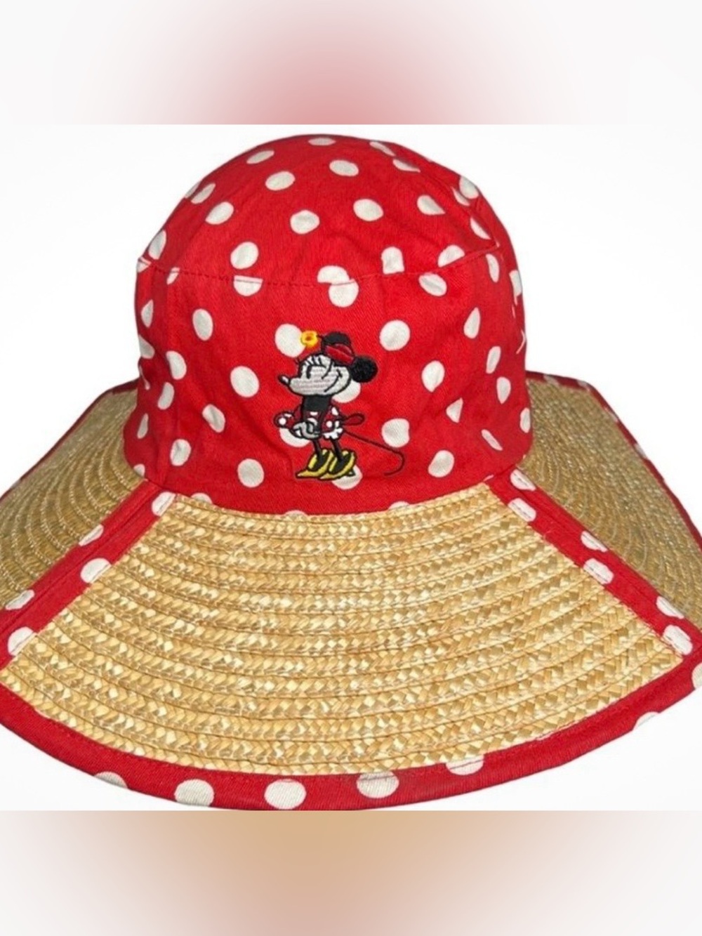 Walt Disney World Polka dot Minnie Mouse red white sun hat straw vacation resor